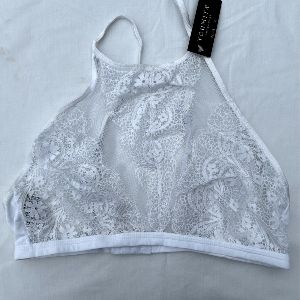 Youmita High-Neck Sheer Lace White Bralette XL